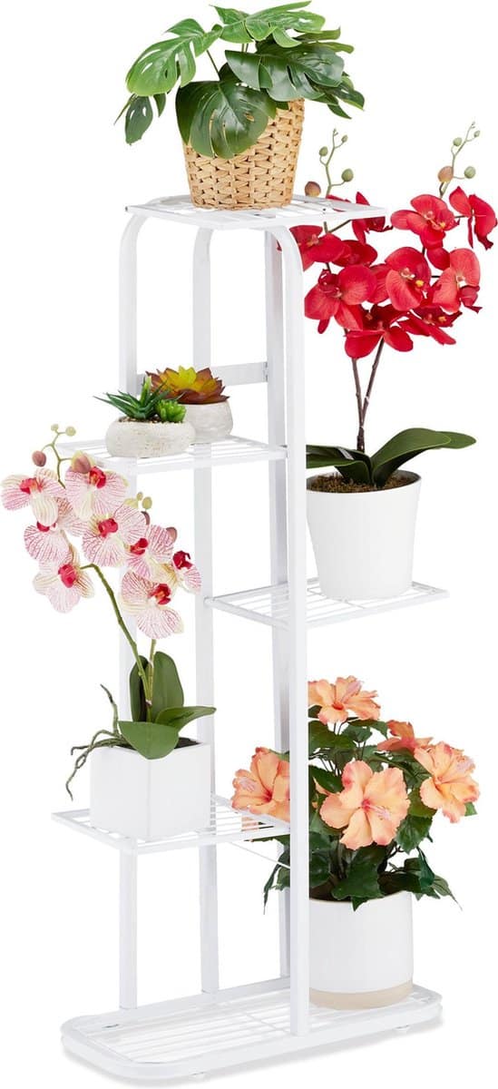 Praktische plantentafel in wit- Relaxdays plantenrek met 5 etages voor het creeëren van een complete plantenhoek